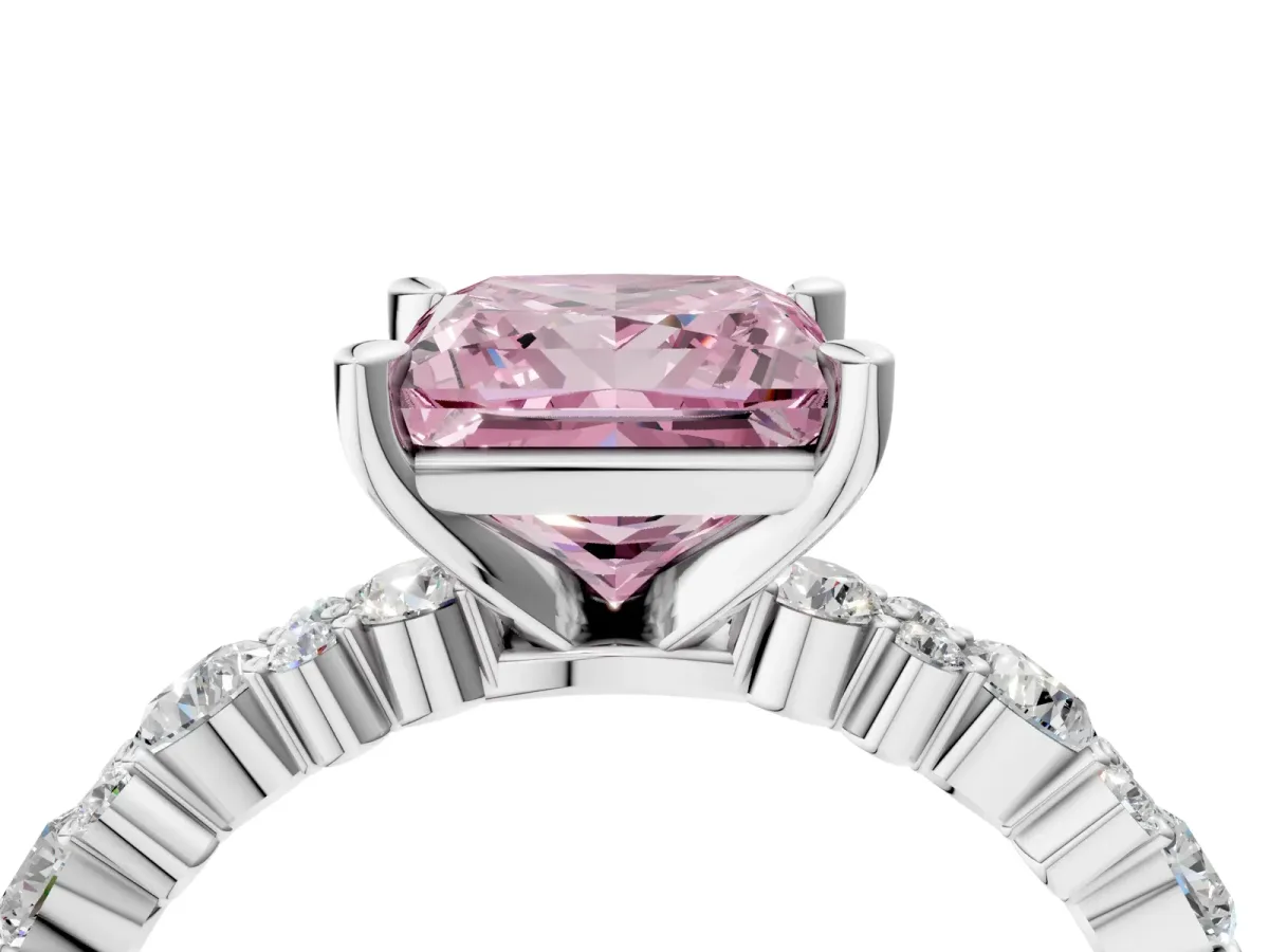 Fancy Pink Princess Cut Diamond Side Stone Solitaire Ring with Round and Four-Prong Setting Platinum