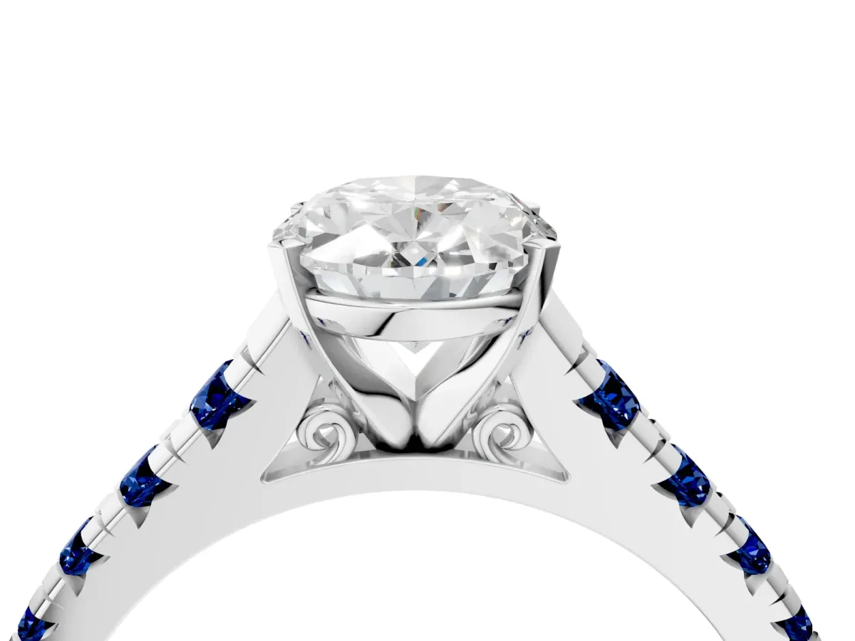 Oval Cut Diamond Cathedral Solitaire Ring with Round Blue Sapphire Pavé Band Silver