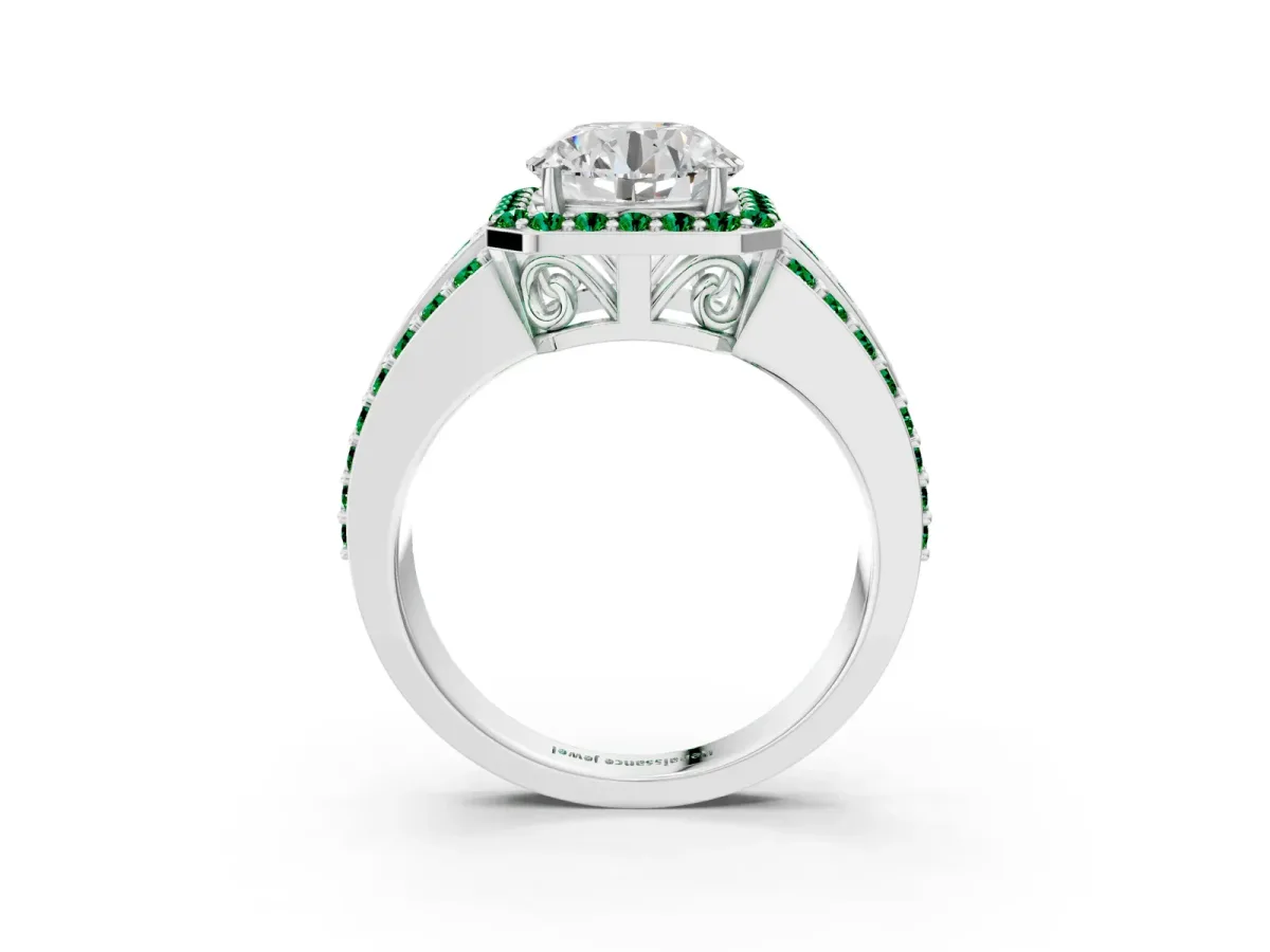 Round Cut Halo Diamond Ring with Round Emerald Split Shank and Prong Setting Platinum
