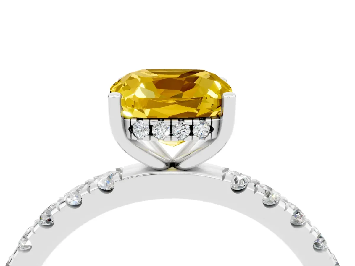 Cushion Cut Yellow Sapphire Pave Band Solitaire Ring with Round and Prong Setting Platinum