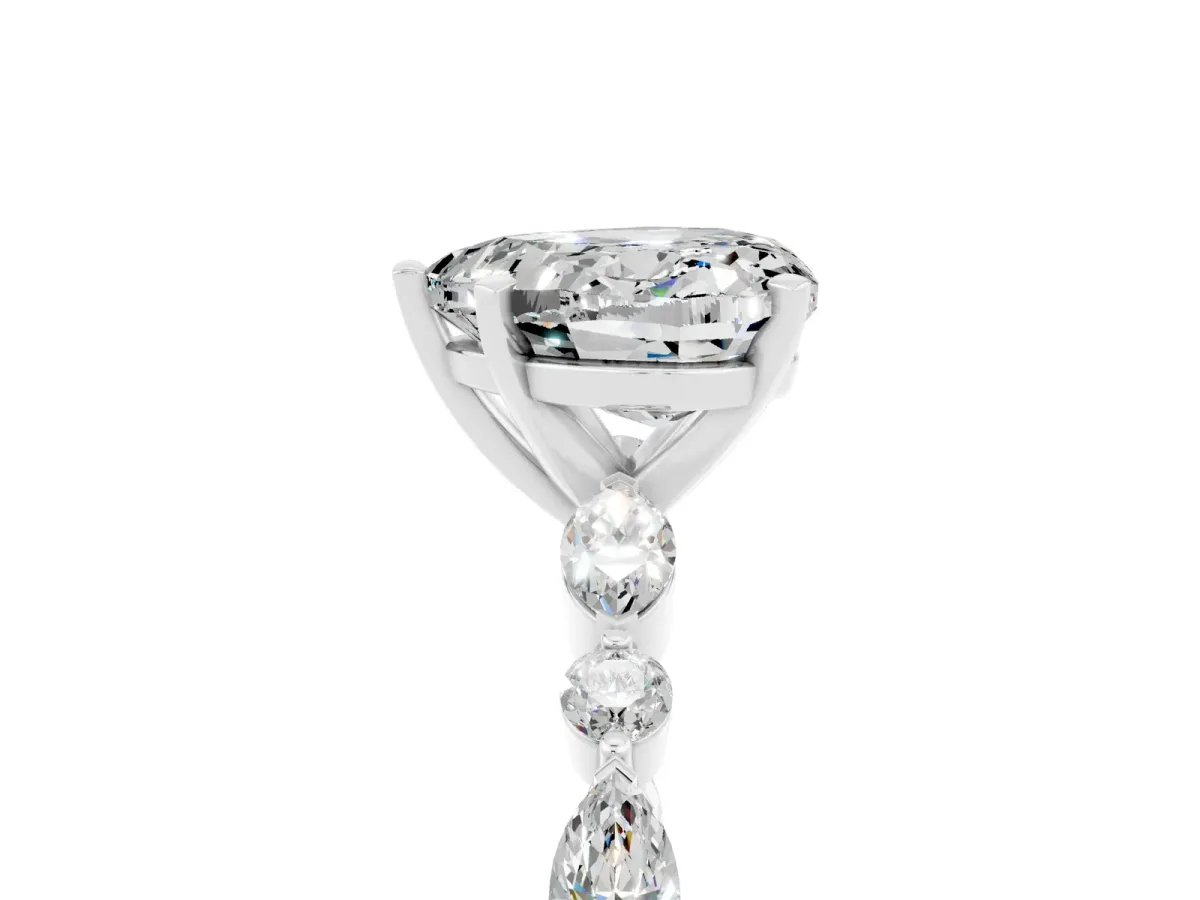 Heart Cut Moissanite Ring with Marquise and Round Side Stones and Four-Prong Setting Silver