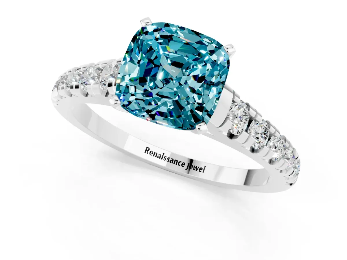 Cushion Cut Blue Topaz Cathedral Solitaire Ring with Round Pavé Band Platinum