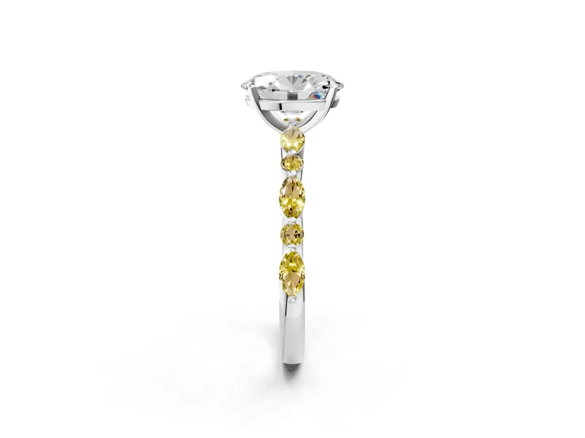 Oval Cut Diamond Ring with Marquise and Round Yellow Sapphire Side Stones and Four-Prong Setting Silver