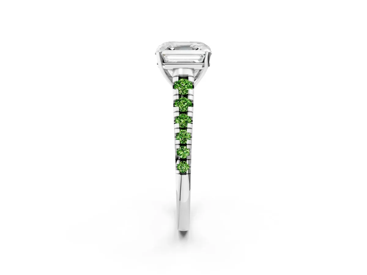 Asscher Cut Diamond Cathedral Solitaire Ring with Round Peridot Pavé Band Platinum