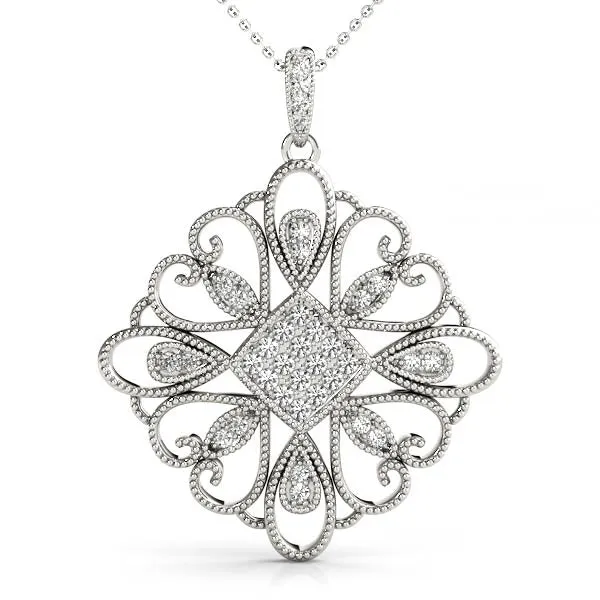 Pavé Round Diamond Filigree Pendant with Milgrain Detail Silver