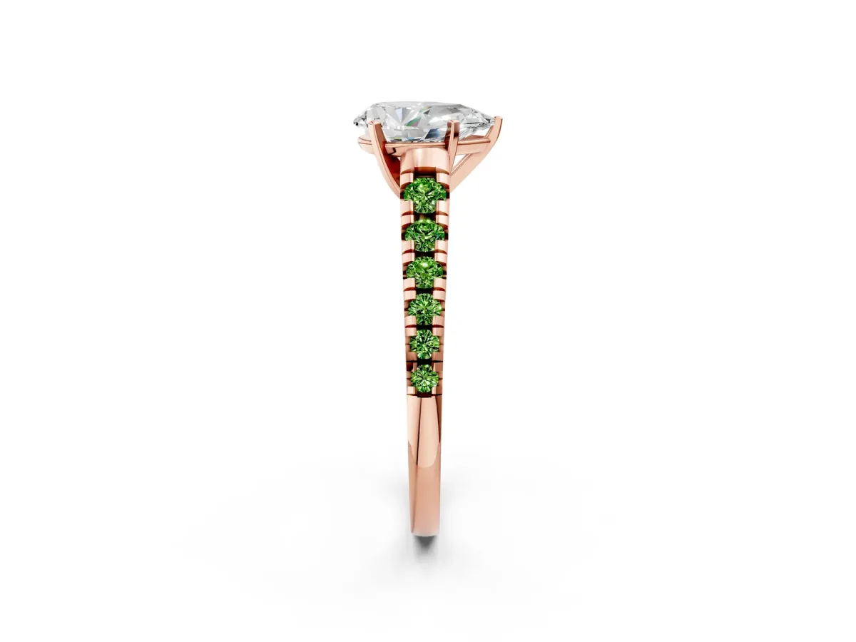 Pear Cut Diamond Cathedral Solitaire Ring with Round Peridot Pavé Band Rose gold