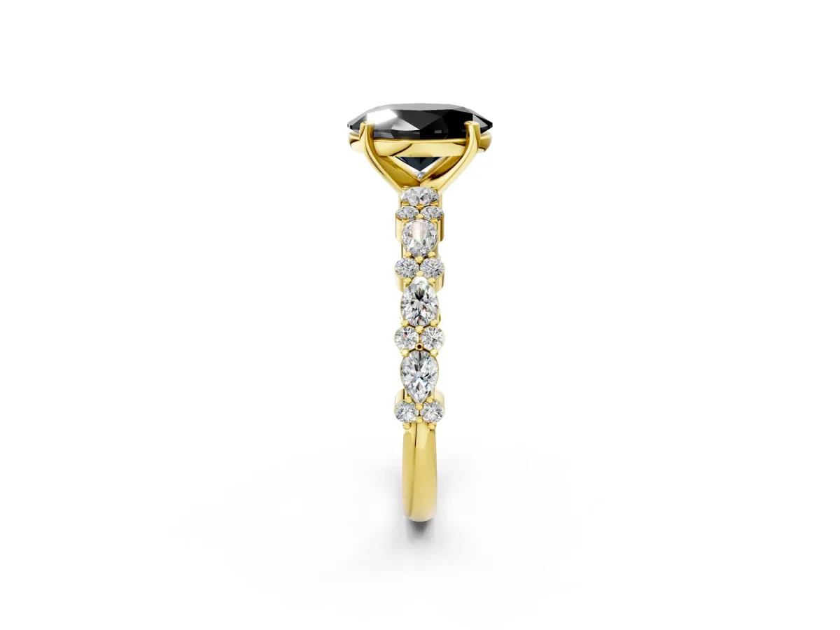 Fancy Black Oval Cut Diamond Side Stone Solitaire Ring with Round and Four-Prong Setting Yellow gold
