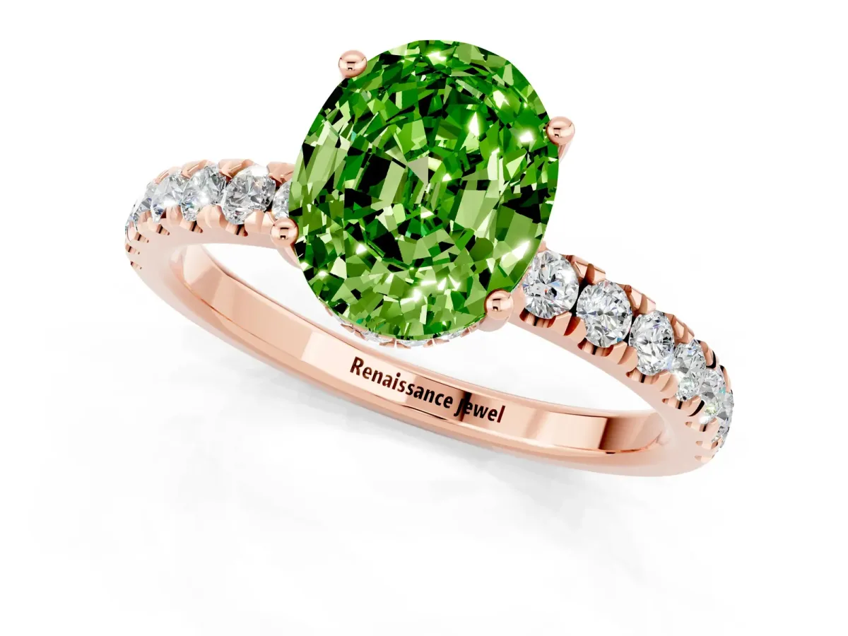 Oval Cut Peridot Pave Band Solitaire Ring with Round and Prong Setting Rose gold