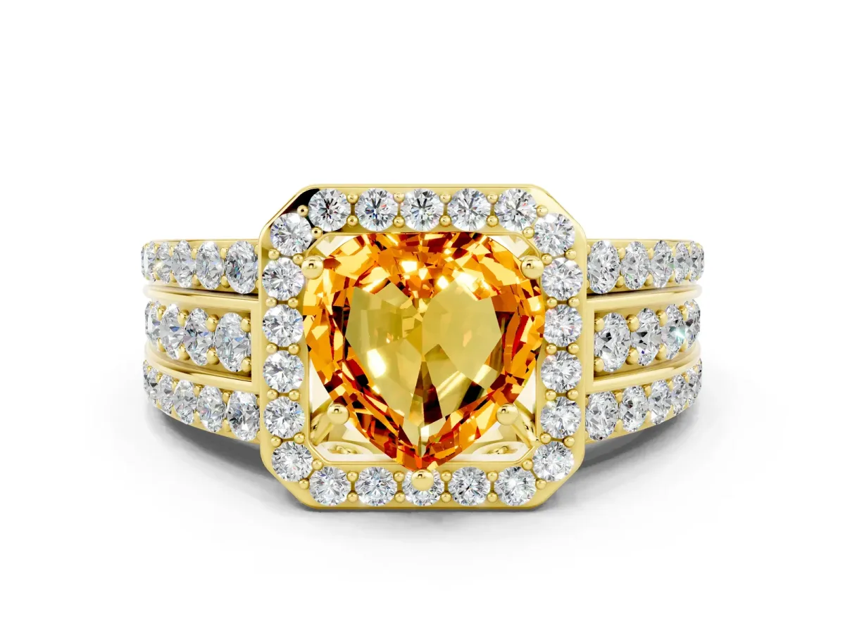 Heart Cut Halo Citrine Ring with Round Split Shank and Prong Setting Yellow gold