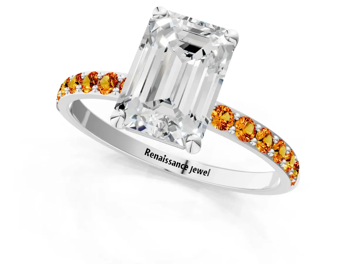 Emerald Cut Diamond Solitaire Ring with Round Citrine Pavé Band and Prong Setting Platinum