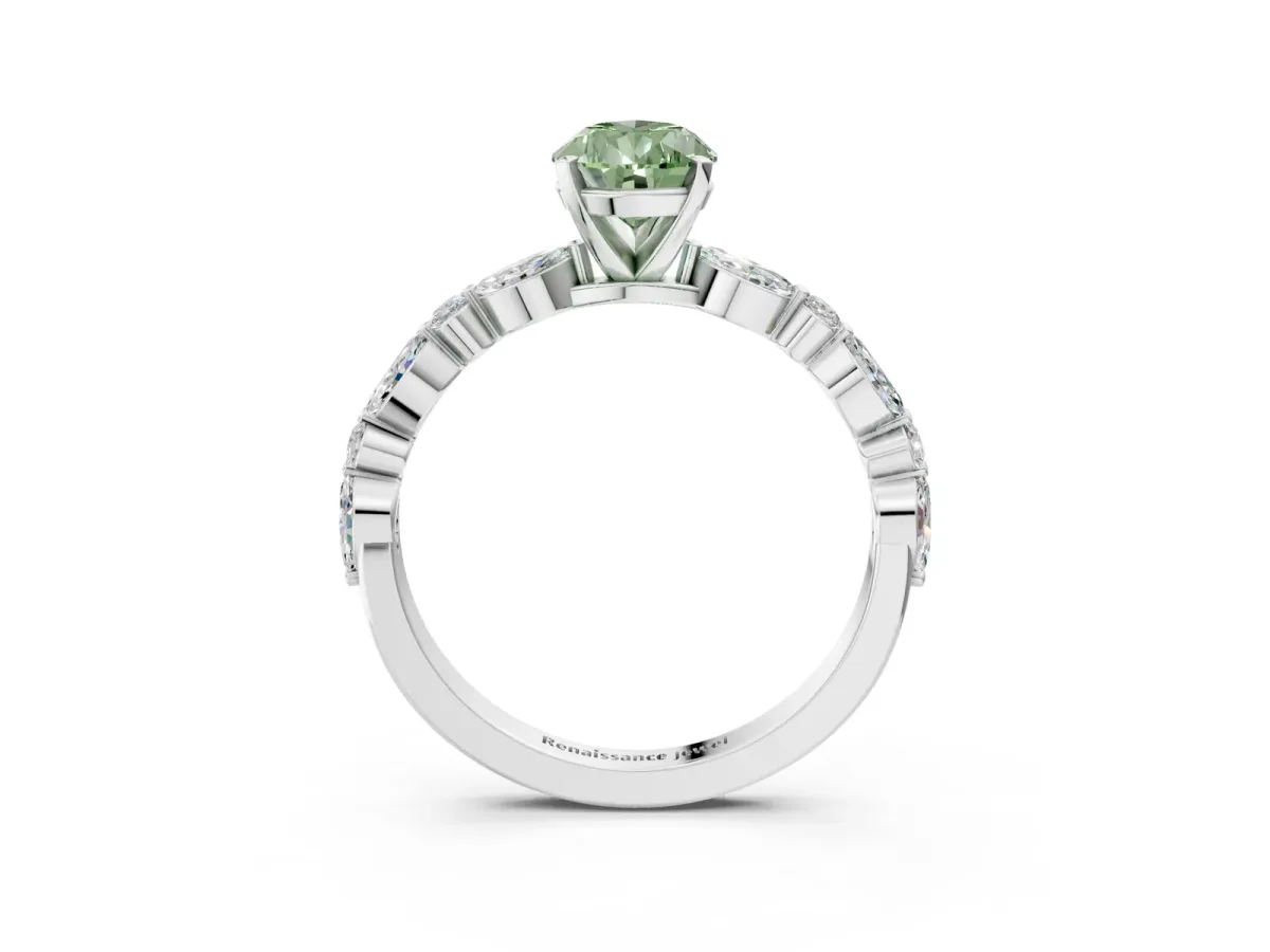 Fancy Green Pear Cut Diamond Ring with Marquise and Round Side Stones and Four-Prong Setting Platinum