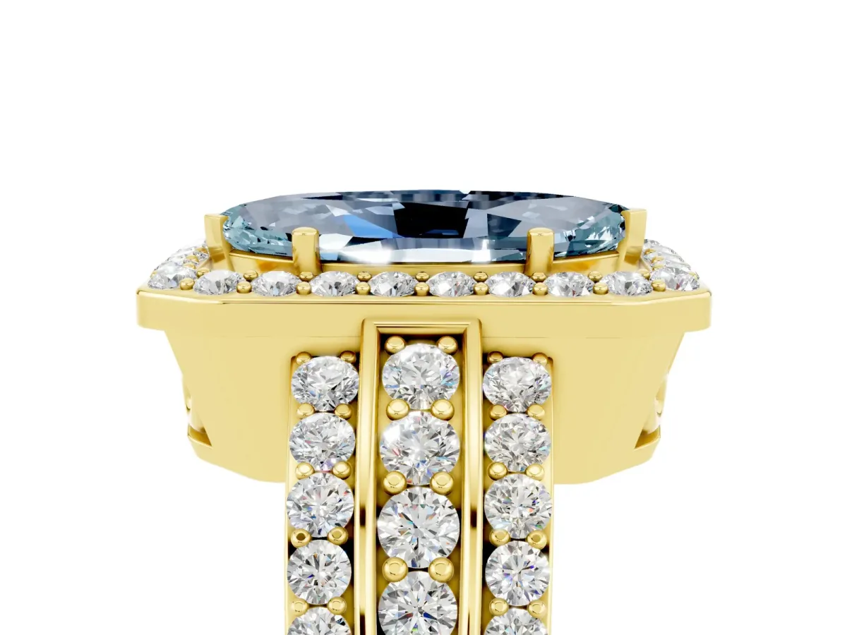 Marquise Cut Halo Aquamarine Ring with Round Split Shank and Prong Setting Yellow gold