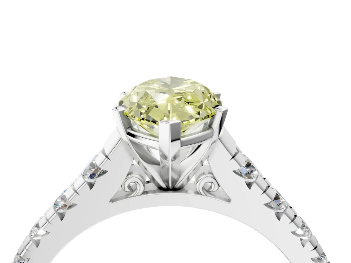 Fancy Yellow Marquise Cut Diamond Cathedral Solitaire Ring with Round Pavé Band Platinum