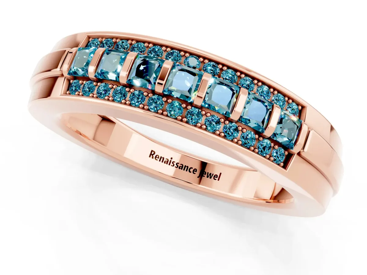 Bar-Set Princess Cut Blue Topaz Pavé Band Rose gold