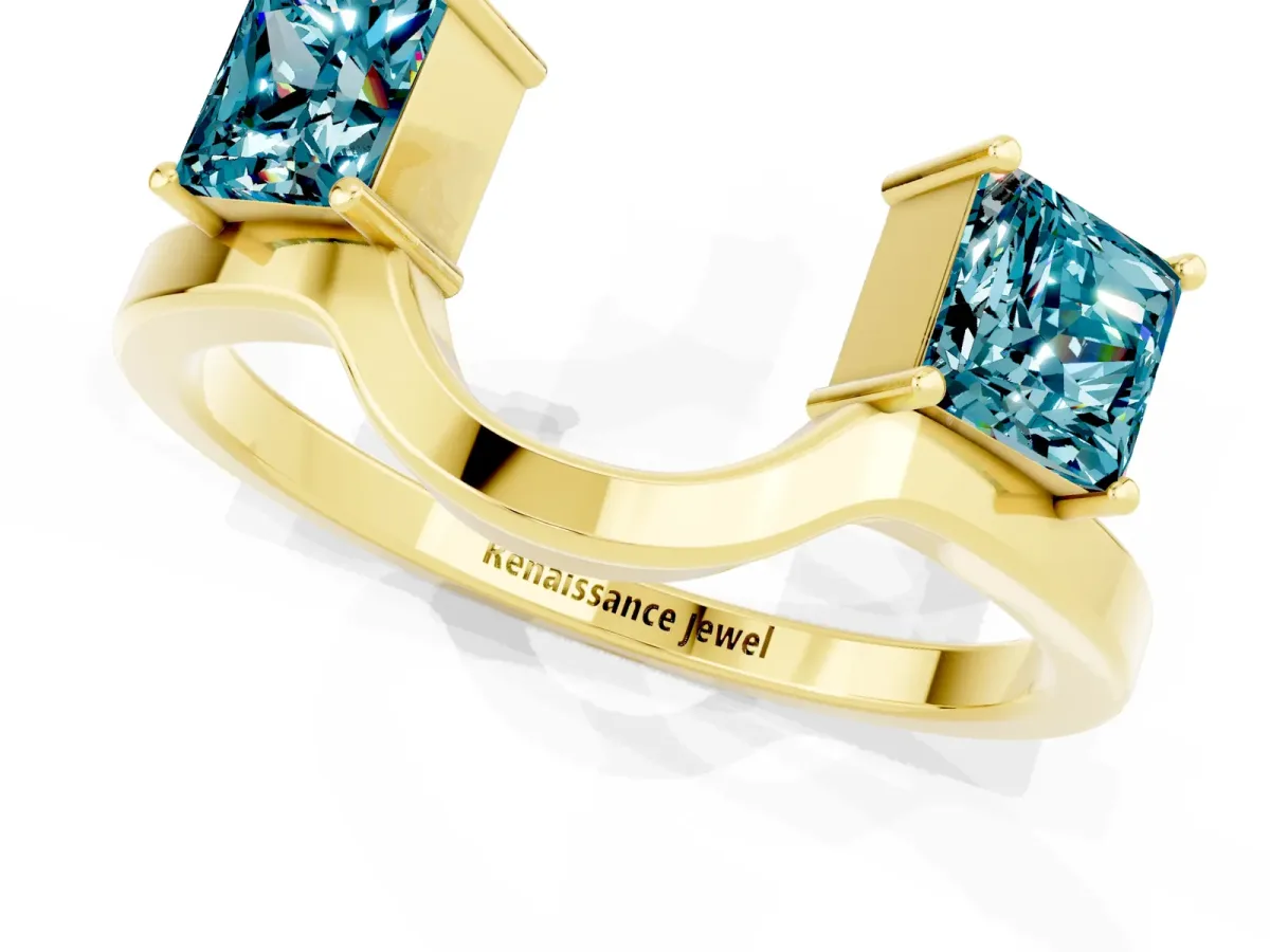 Princess Cut Blue Topaz Two-Stone Open Band Ring with Four-Prong Setting Yellow gold