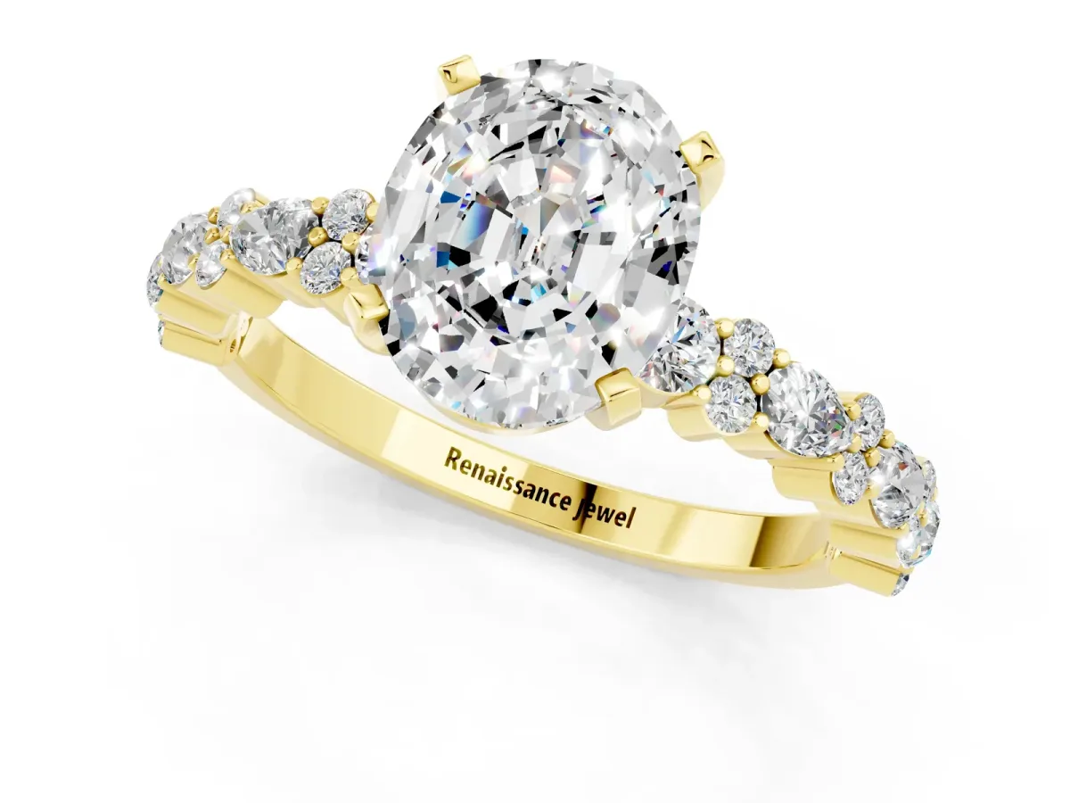 Oval Cut Moissanite Side Stone Solitaire Ring with Round and Four-Prong Setting Yellow gold