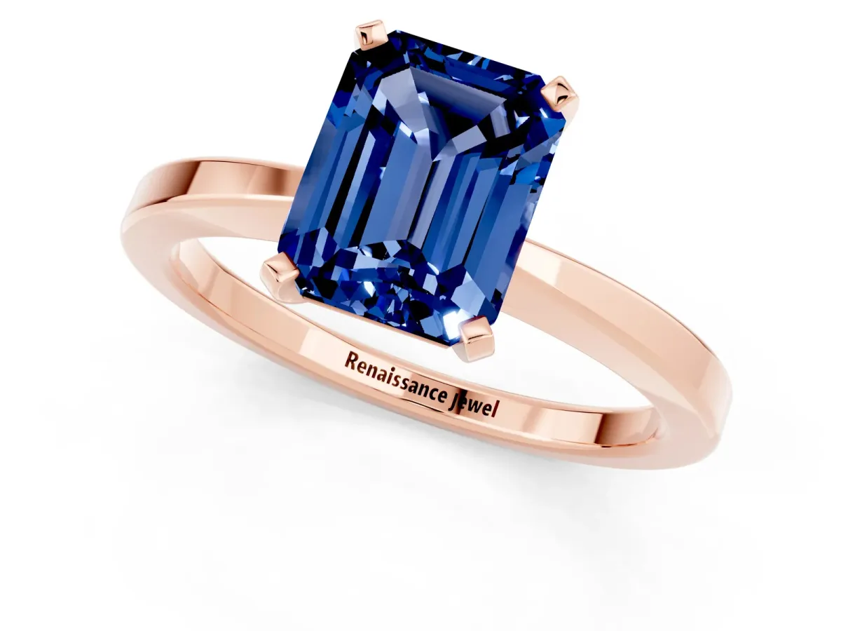Emerald Cut Blue Sapphire Solitaire Engagement Ring with Classic Band and Four-Prong Setting Rose gold