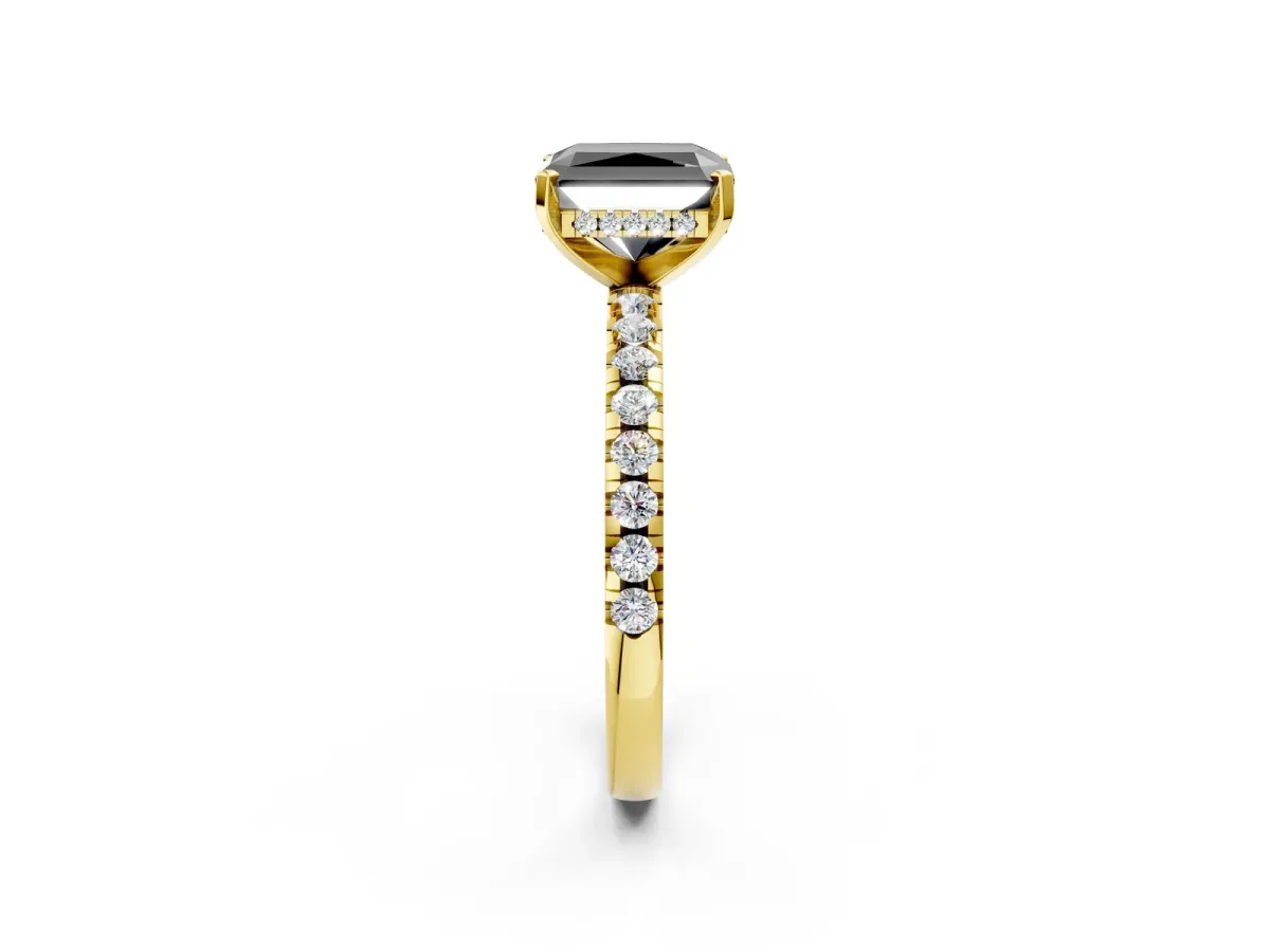 Fancy Black Radiant Cut Diamond Solitaire Ring with Round Pavé Band and Four-Prong Setting Yellow gold