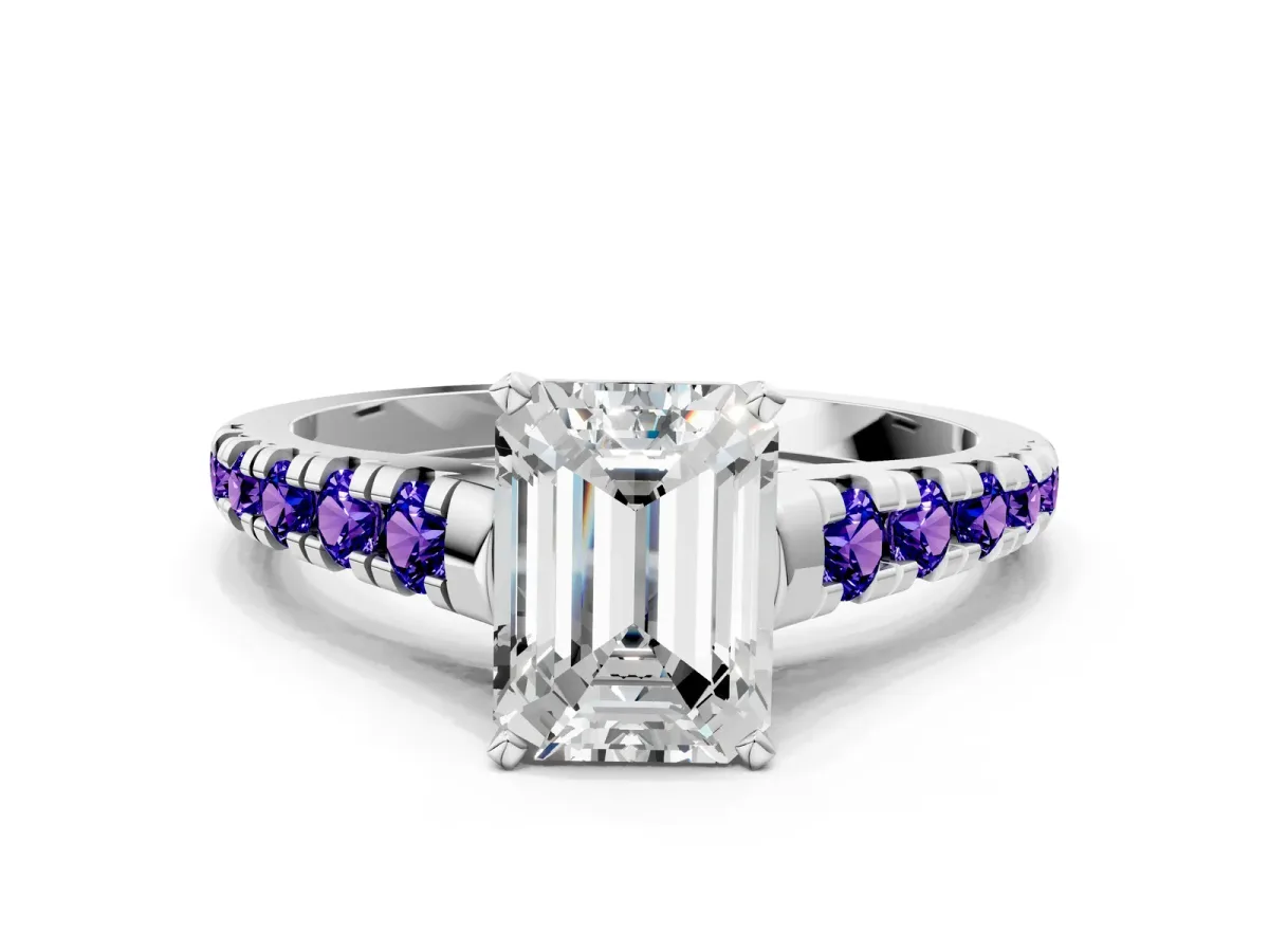 Emerald Cut Diamond Cathedral Solitaire Ring with Round Tanzanite Pavé Band Platinum