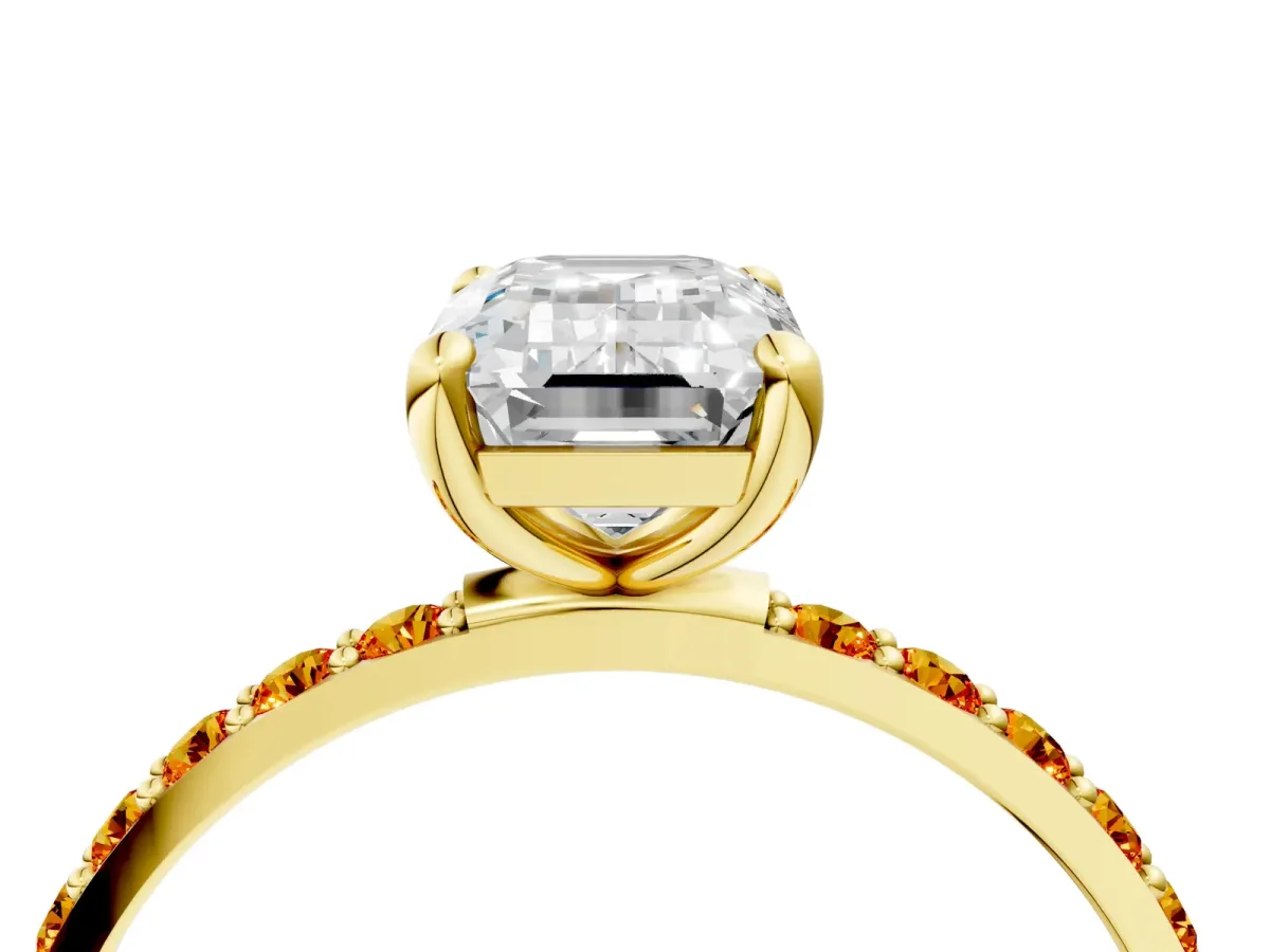 Emerald Cut Diamond Solitaire Ring with Round Citrine Pavé Band and Prong Setting Yellow gold