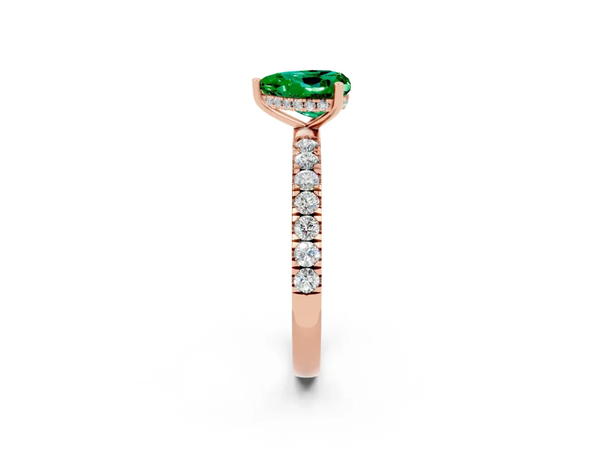 Heart Cut Emerald Pave Band Solitaire Ring with Round and Prong Setting Rose gold