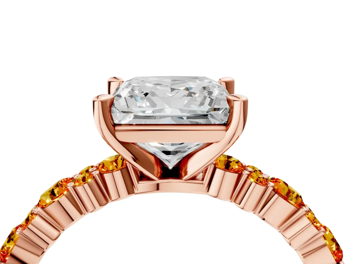 Princess Cut Diamond Side Stone Solitaire Ring with Round Citrine and Four-Prong Setting Rose gold