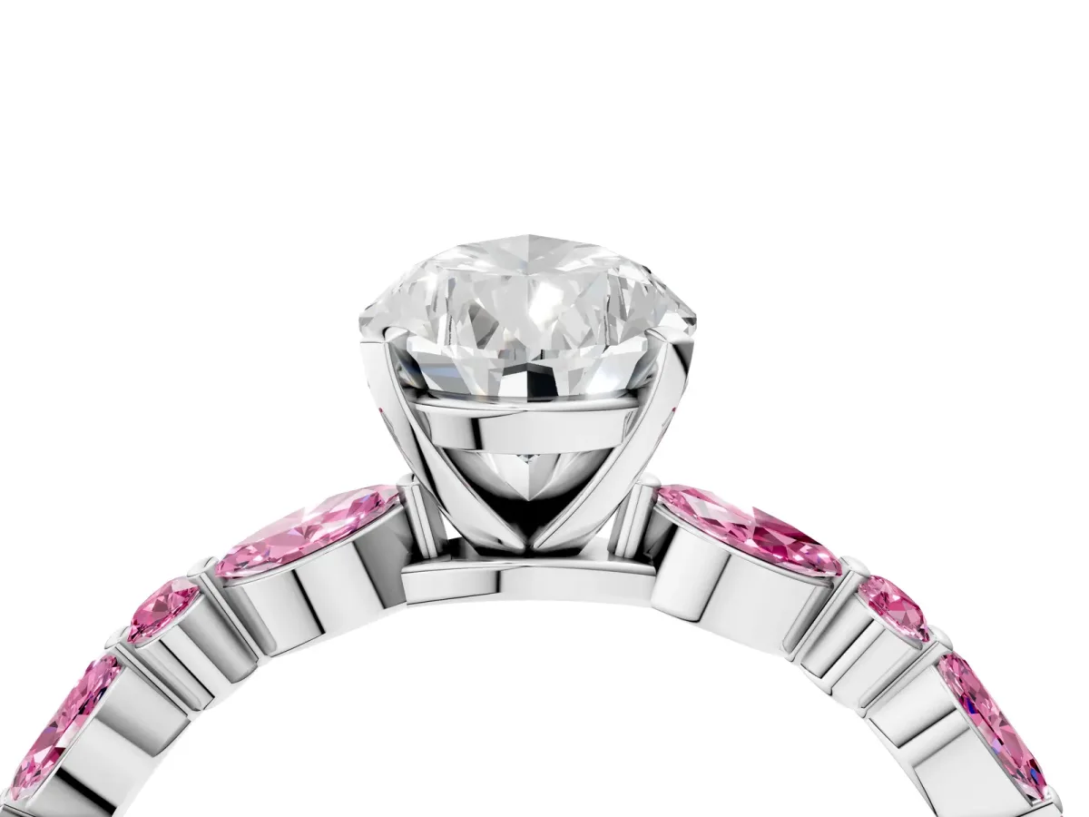 Pear Cut Diamond Ring with Marquise and Round Pink Sapphire Side Stones and Four-Prong Setting Silver