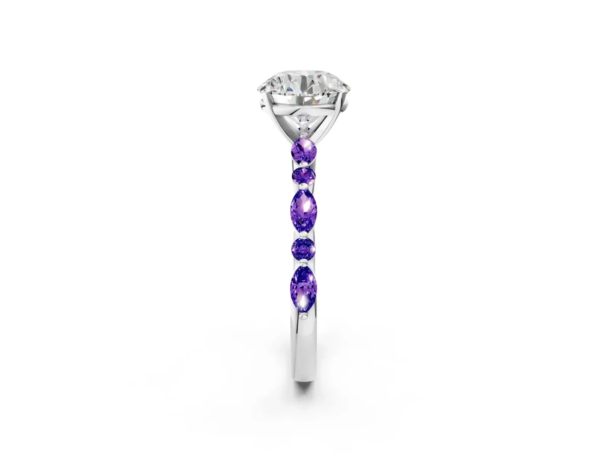 Round Cut Diamond Ring with Marquise and Round Tanzanite Side Stones and Four-Prong Setting Silver