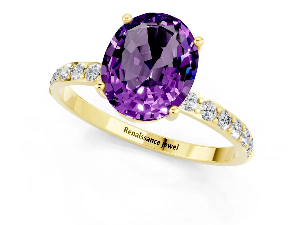 Oval Cut Amethyst Solitaire Ring with Round Pavé Band and Prong Setting Yellow gold
