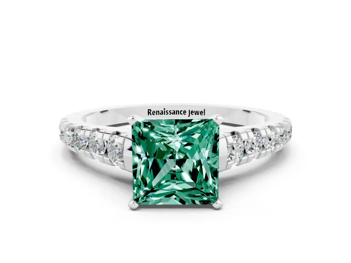 Princess Cut Green Sapphire Cathedral Solitaire Ring with Round Pavé Band Platinum