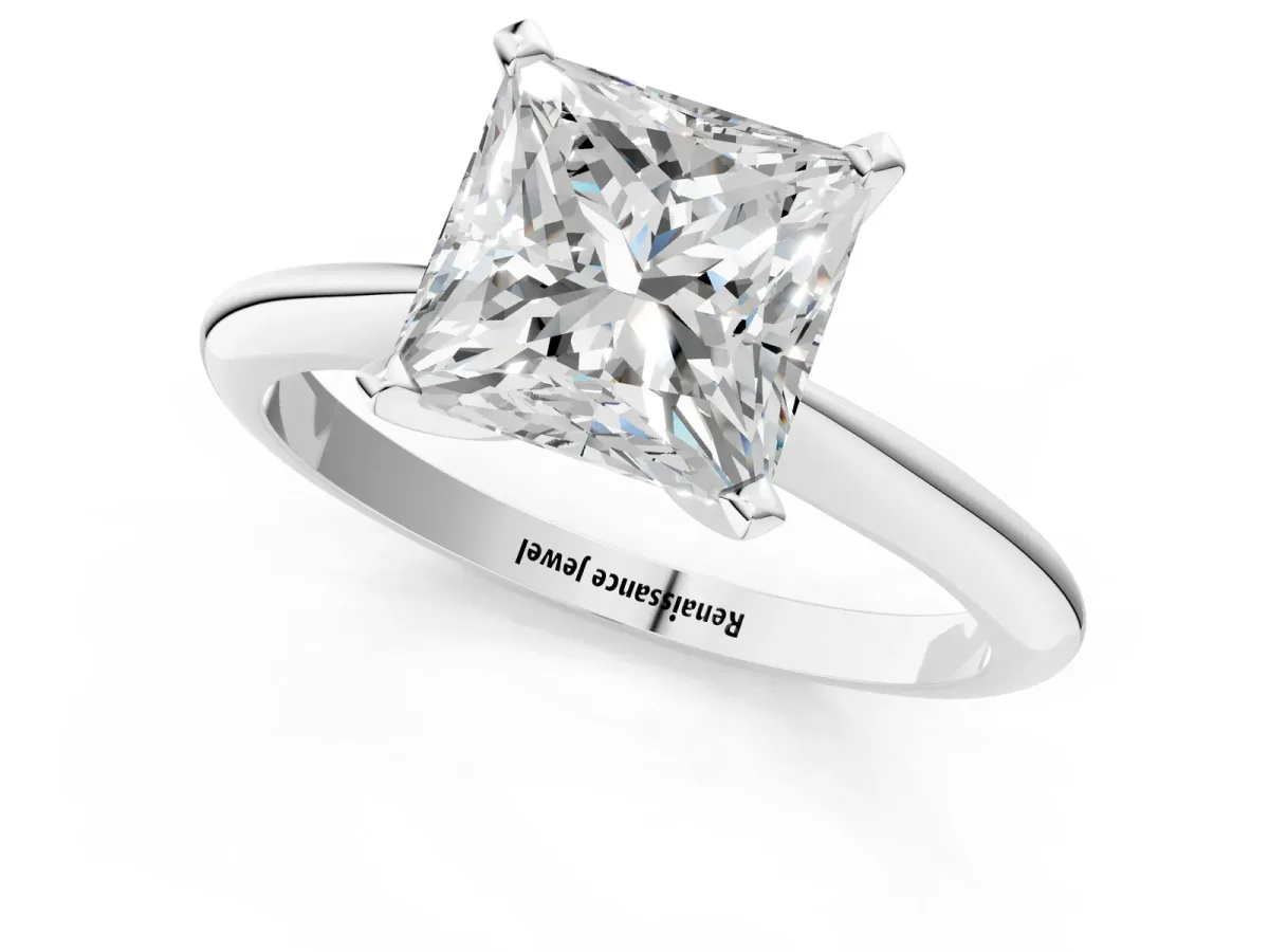 Princess Cut Diamond Solitaire Engagement Ring with Classic Band and Four-Prong Setting Platinum