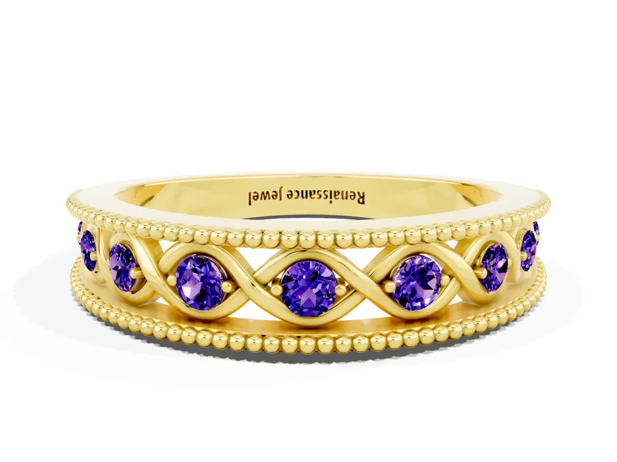 Round Tanzanite Twist Milgrain Band with Bezel Setting Yellow gold