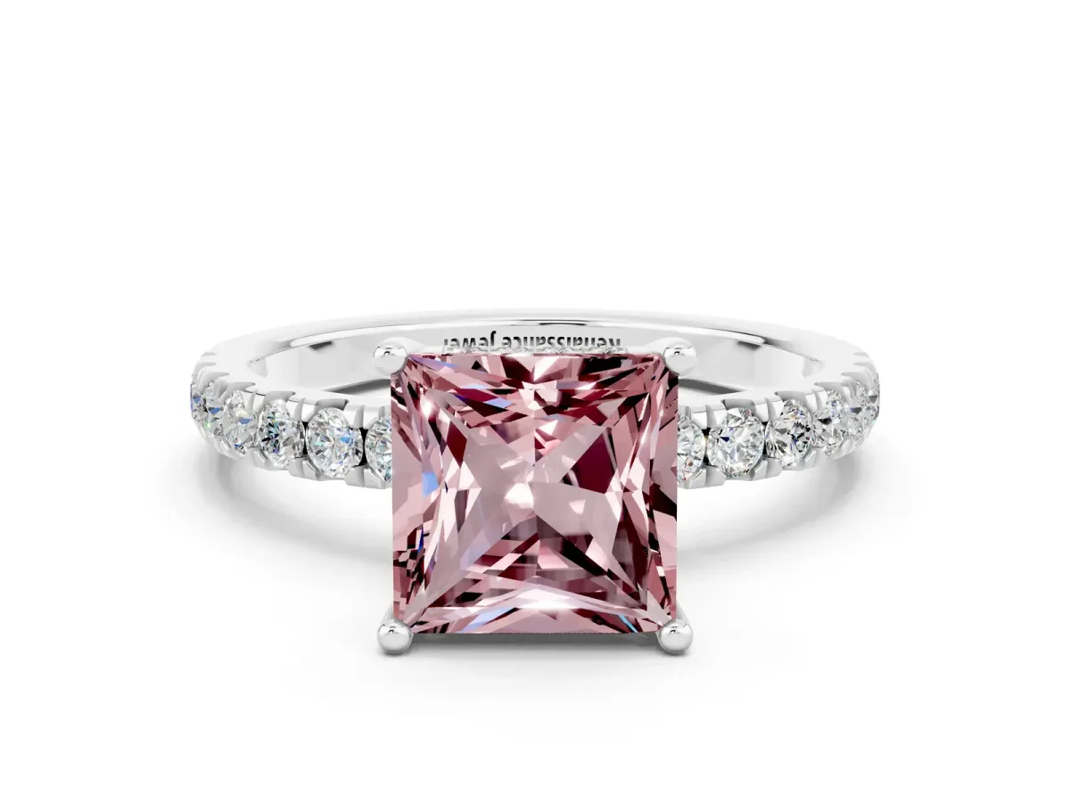 Princess Cut Morganite Pave Band Solitaire Ring with Round and Prong Setting Platinum