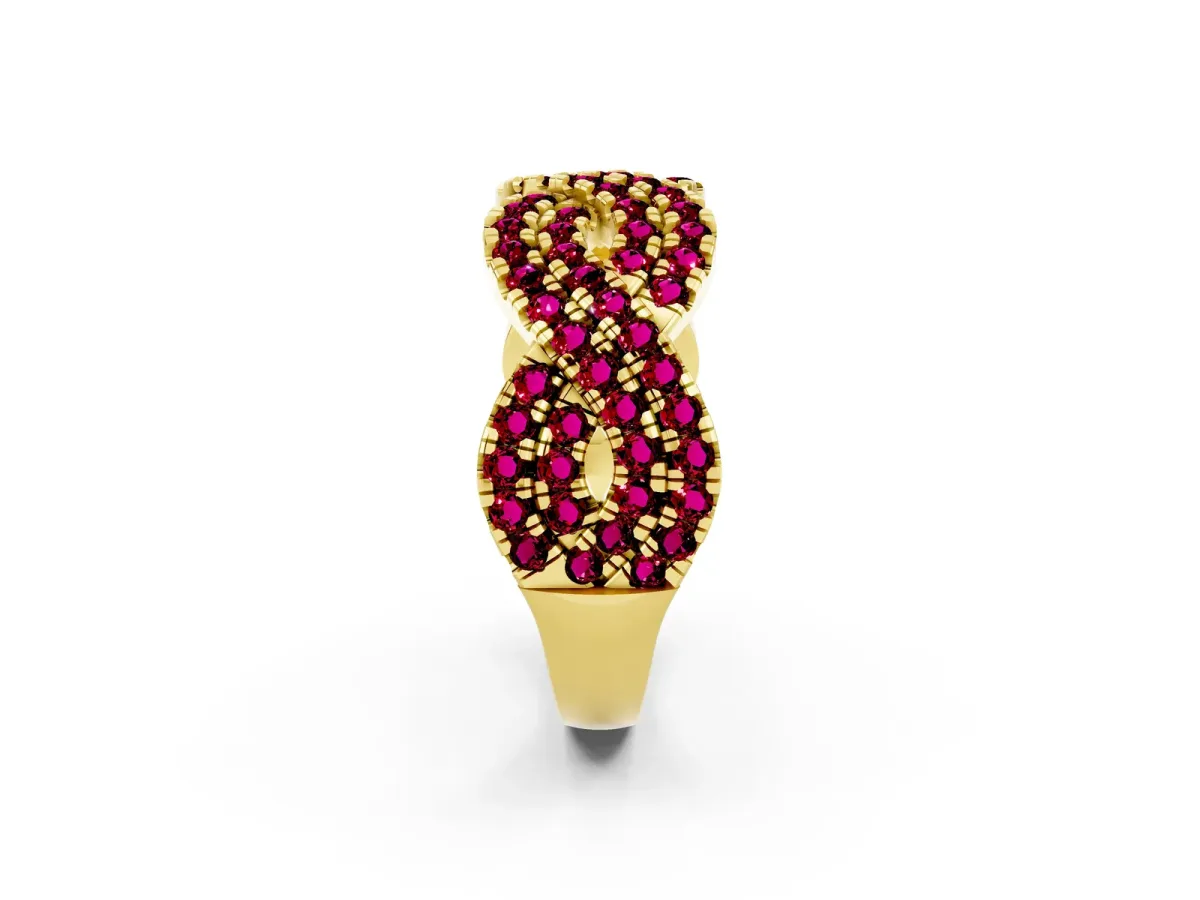 Pavé Round Garnet Infinity Twist Band with Shared Prong Setting Yellow gold