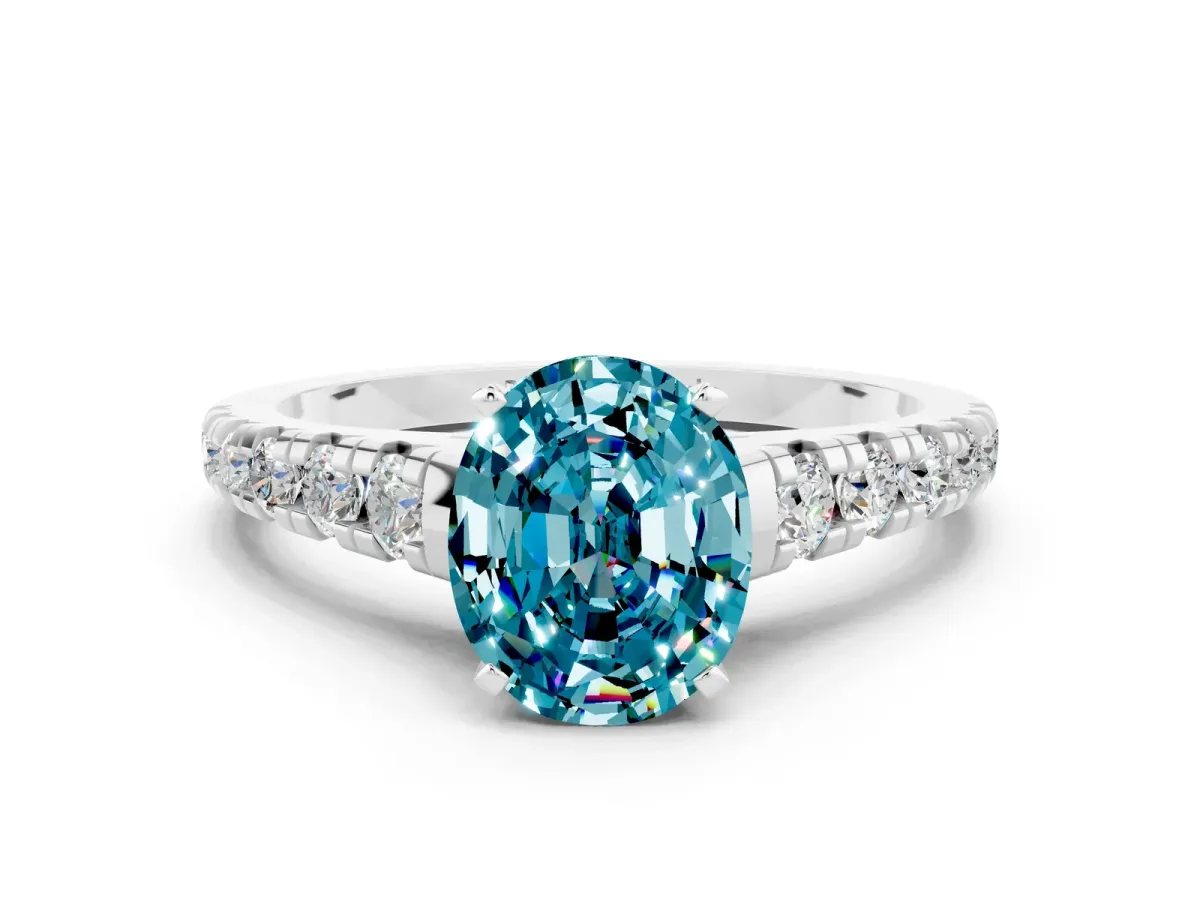 Oval Cut Blue Topaz Cathedral Solitaire Ring with Round Pavé Band White gold
