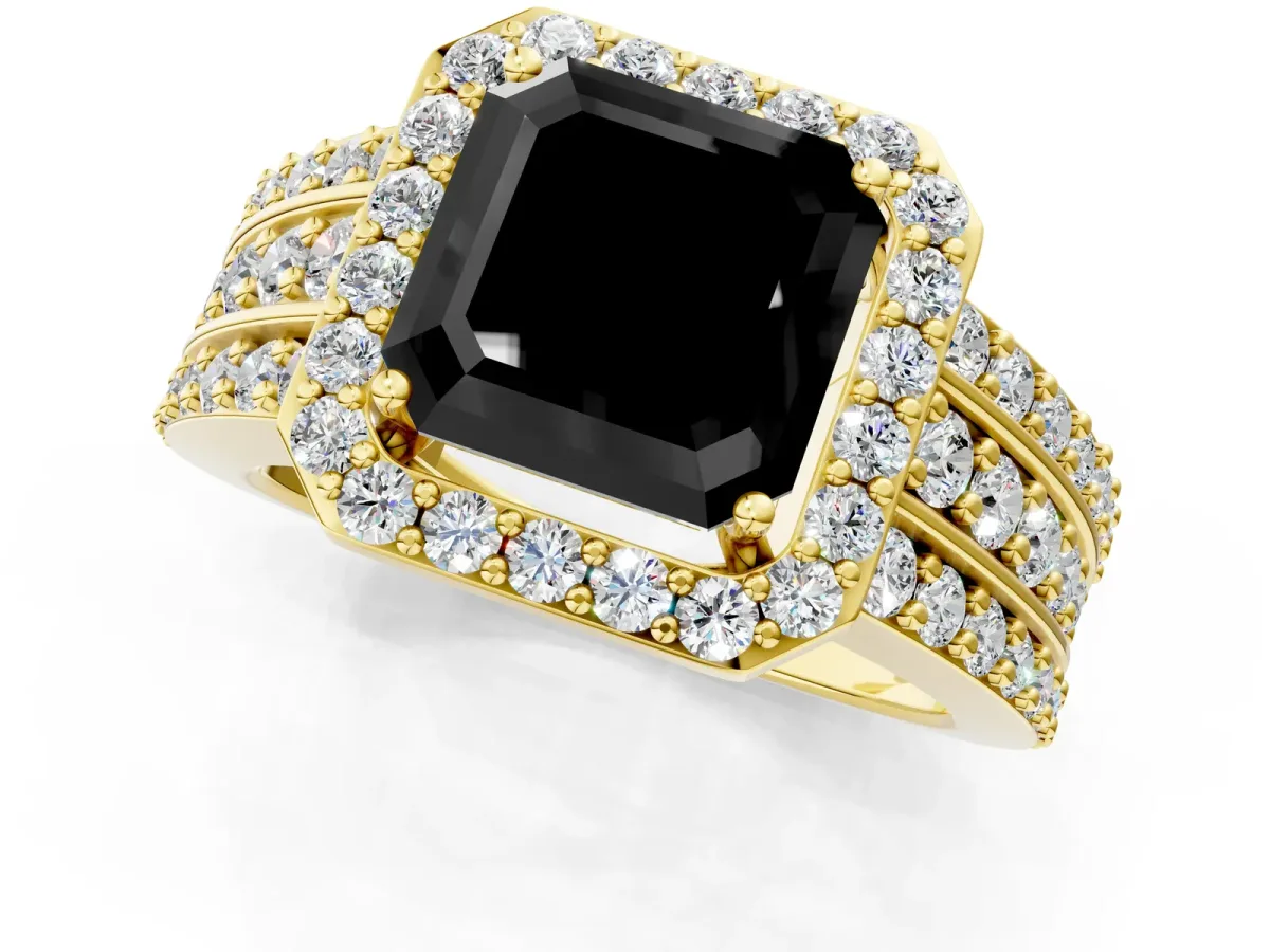 Fancy Black Asscher Cut Halo Diamond Ring with Round Split Shank and Prong Setting Yellow gold