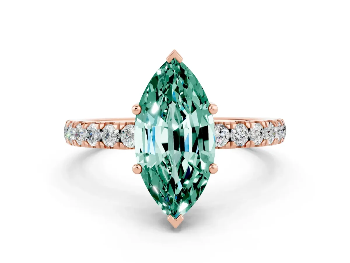 Marquise Cut Green Sapphire Pave Band Solitaire Ring with Round and Prong Setting Rose gold
