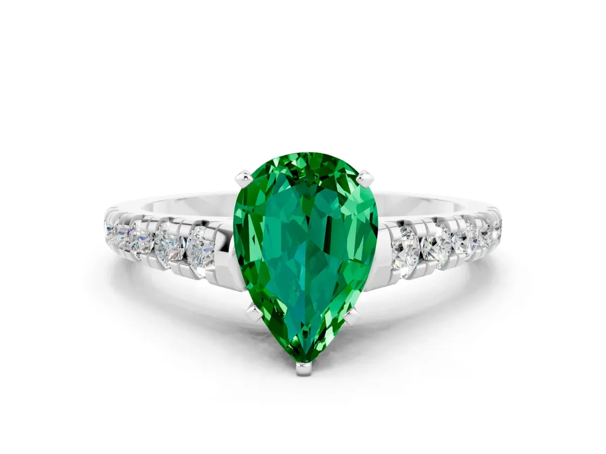 Pear Cut Emerald Cathedral Solitaire Ring with Round Pavé Band Silver