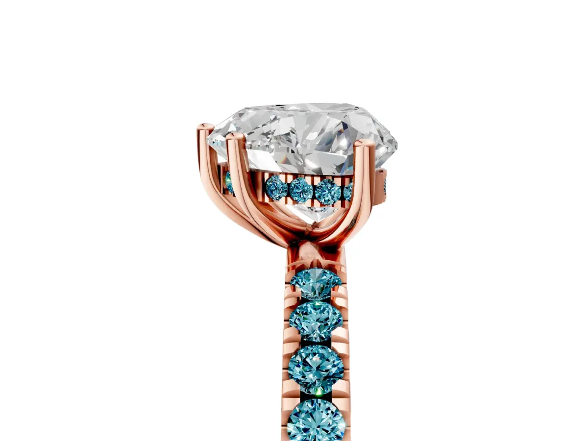 Heart Cut Diamond Pave Band Solitaire Ring with Round Blue Topaz and Prong Setting Rose gold
