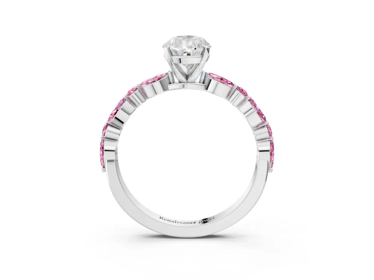 Pear Cut Diamond Ring with Marquise and Round Pink Sapphire Side Stones and Four-Prong Setting Silver