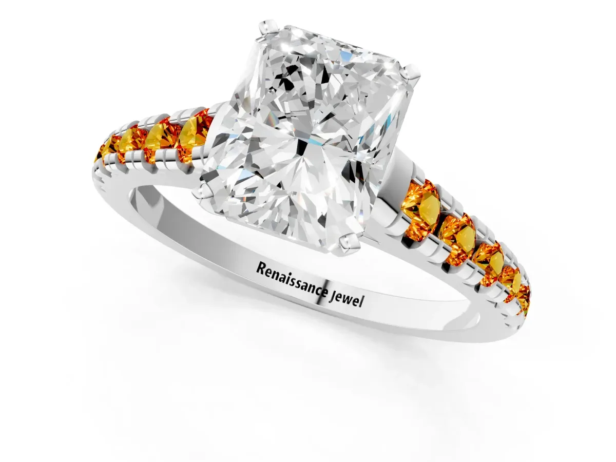 Radiant Cut Diamond Cathedral Solitaire Ring with Round Citrine Pavé Band Silver