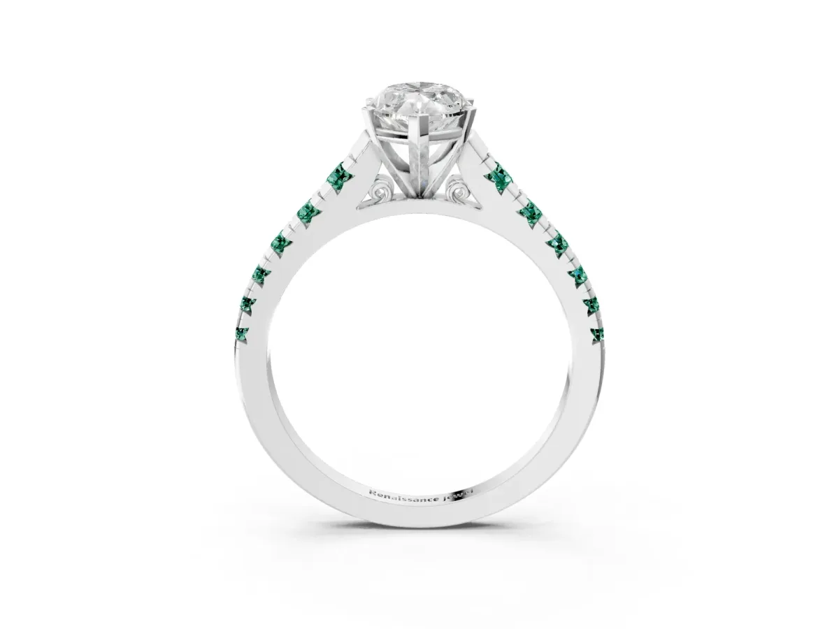 Marquise Cut Diamond Cathedral Solitaire Ring with Round Green Sapphire Pavé Band Silver