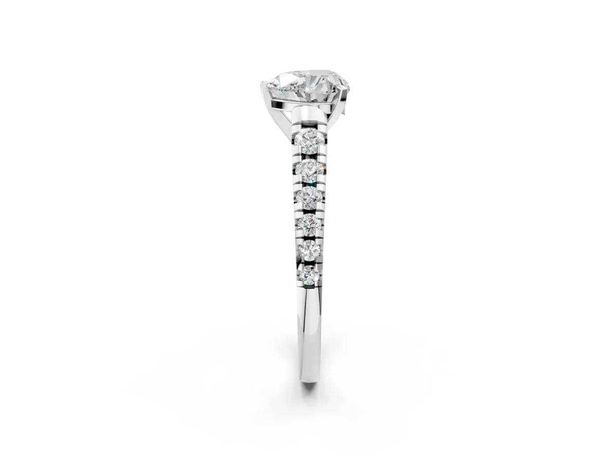 Heart Cut Diamond Cathedral Solitaire Ring with Round Moissanite Pavé Band Silver