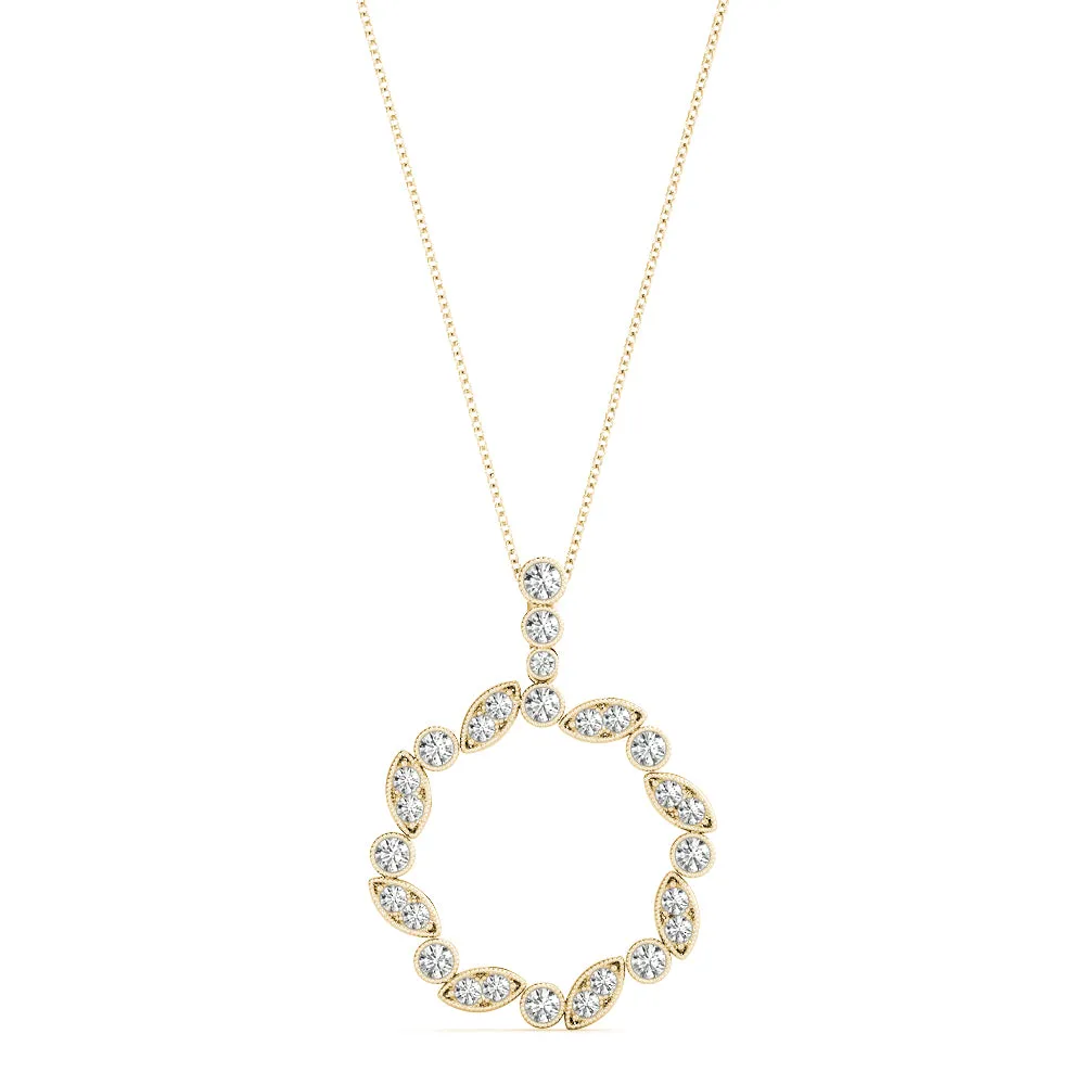 Round and Marquise Diamond Circle Pendant with Bezel and Prong Setting Yellow gold