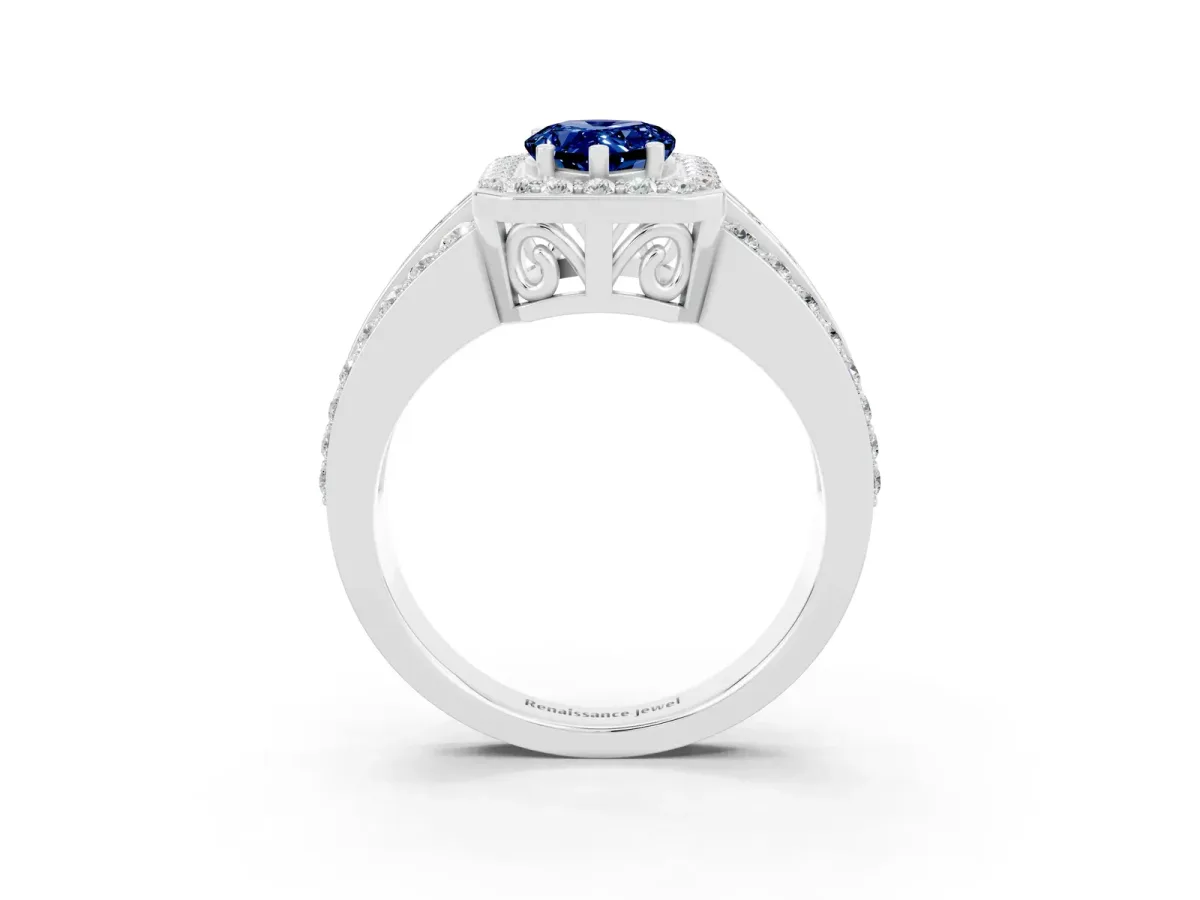 Pear Cut Halo Blue Sapphire Ring with Round Split Shank and Prong Setting Silver