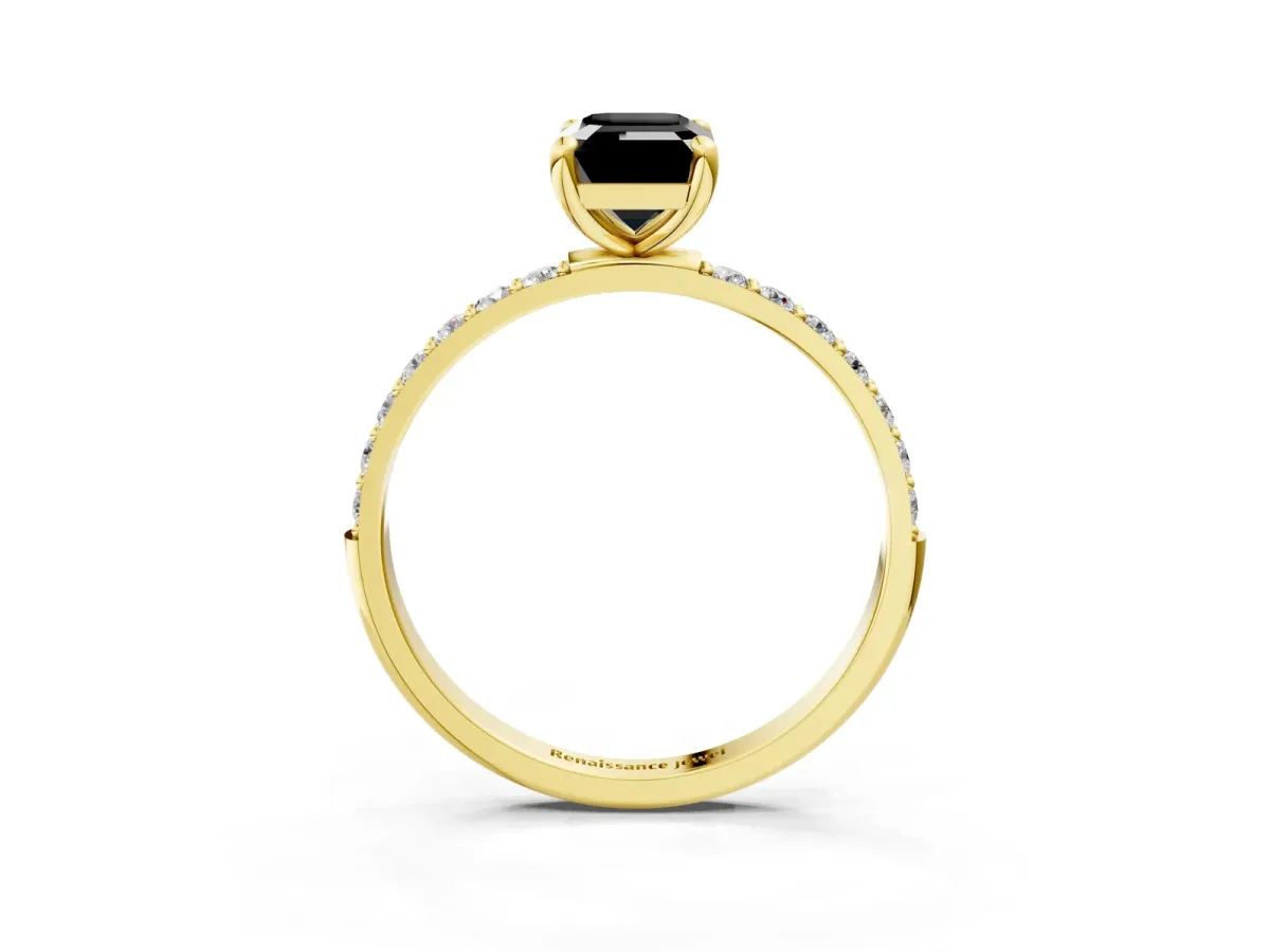 Fancy Black Emerald Cut Diamond Solitaire Ring with Round Pavé Band and Prong Setting Yellow gold