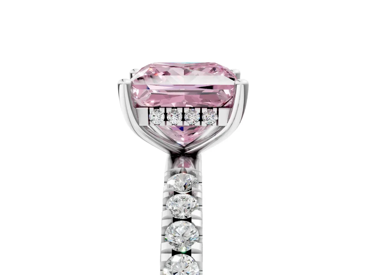 Fancy Pink Princess Cut Diamond Pave Band Solitaire Ring with Round and Prong Setting Platinum
