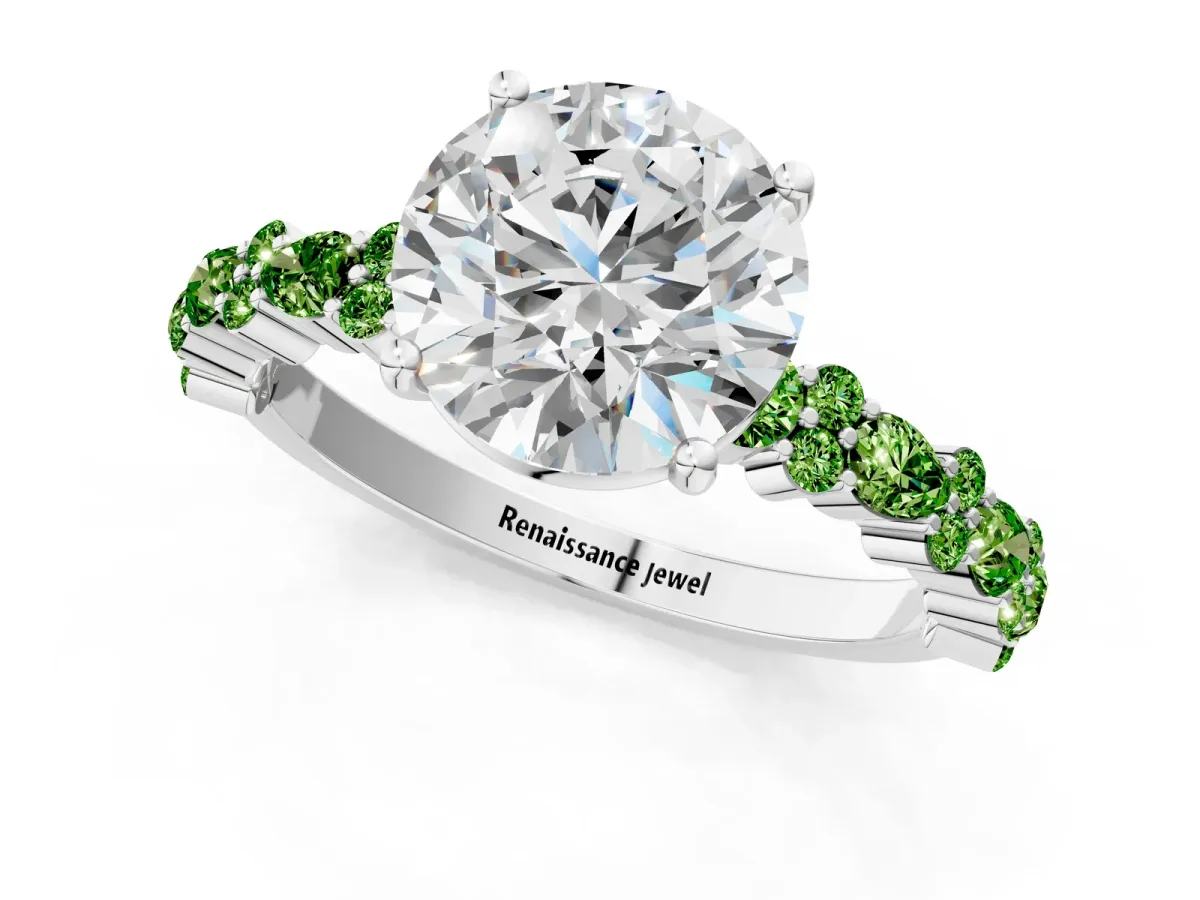 Round Cut Diamond Side Stone Solitaire Ring with Round Tanzanite and Four-Prong Setting Silver