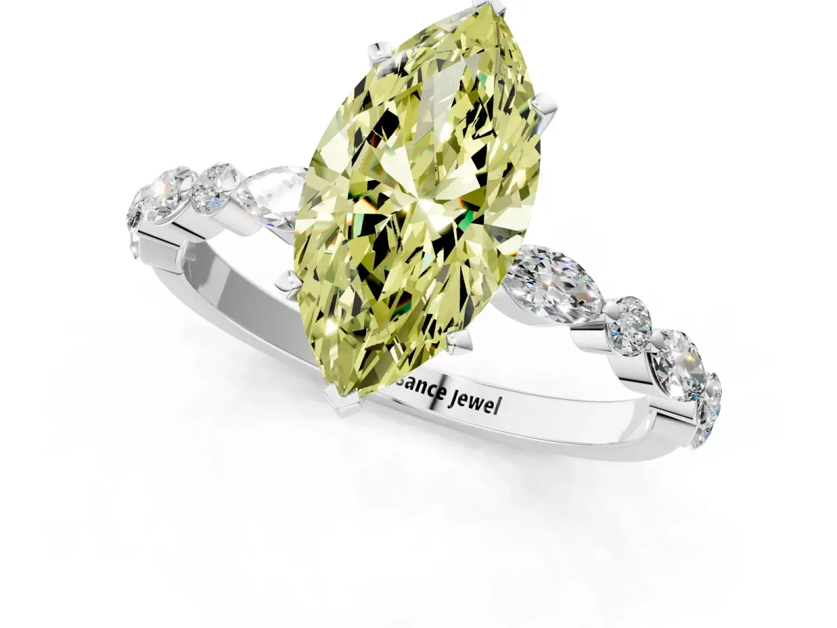 Fancy Yellow Marquise Cut Diamond Ring with Marquise and Round Side Stones and Four-Prong Setting Silver