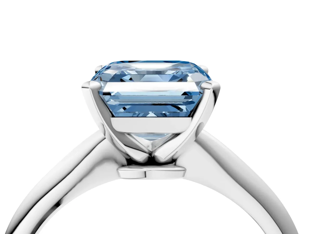 Fancy Blue Asscher Cut Diamond Solitaire Engagement Ring with Classic Band and Four-Prong Setting Platinum